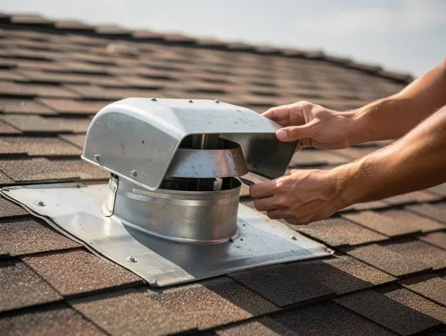 Lake Arrowhead Dryer Vent Cleaning certified technician safely cleaning a roof-mounted dryer vent in Lake Arrowhead