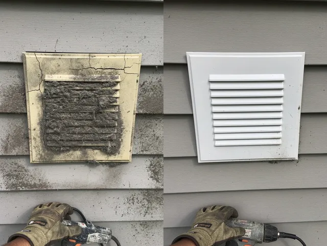Lake Arrowhead Dryer Vent Cleaning technician installing high-quality dryer vent cover at a residential property in Lake Arrowhead