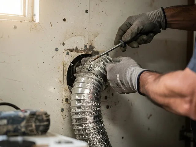 Lake Arrowhead Dryer Vent Cleaning technician performing precise dryer vent hose installation in Lake Arrowhead